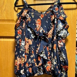 Navy blue off the shoulder blouse with gold and light orange